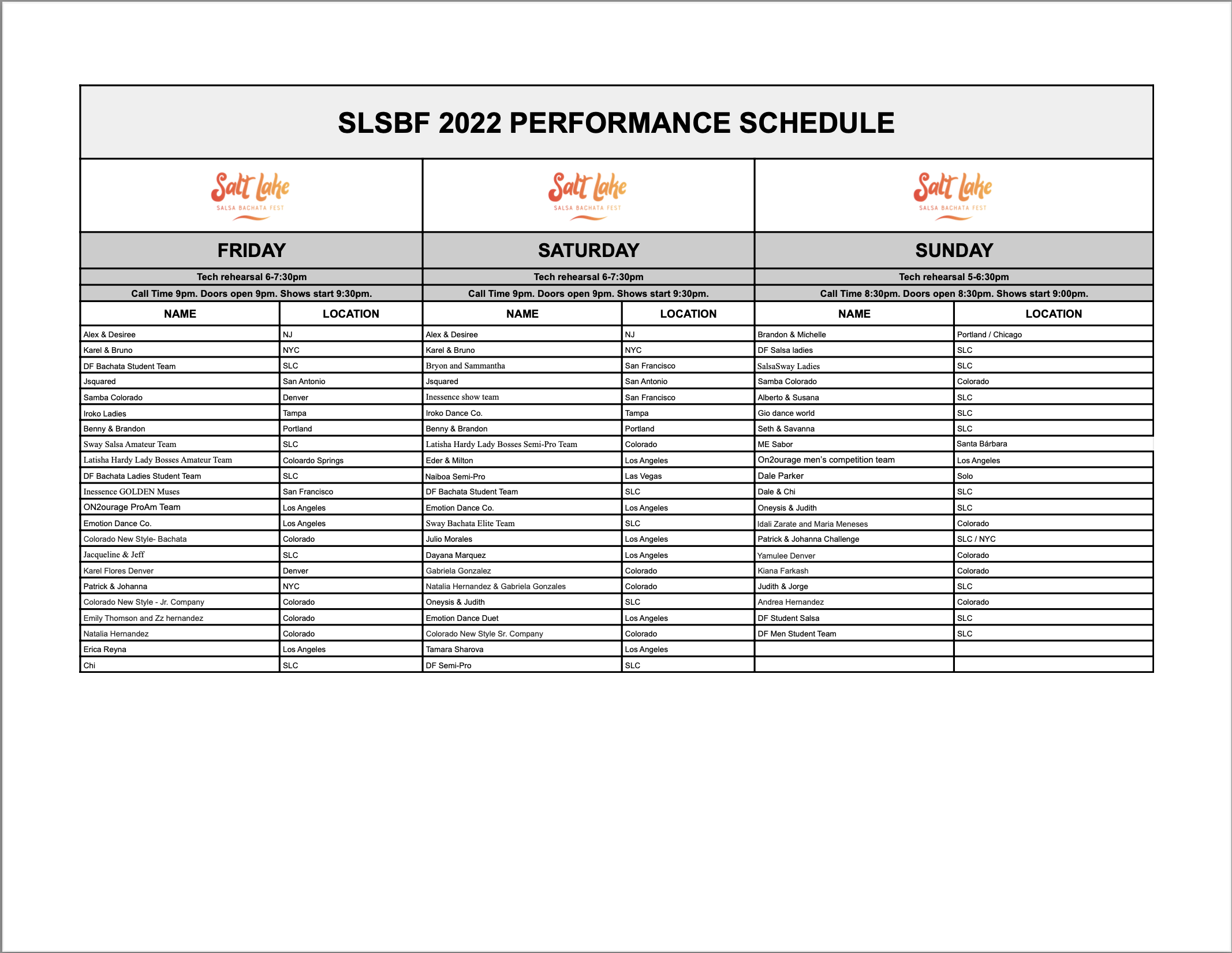 Performance schedule Salt Lake Salsa Bachata Festival in Utah